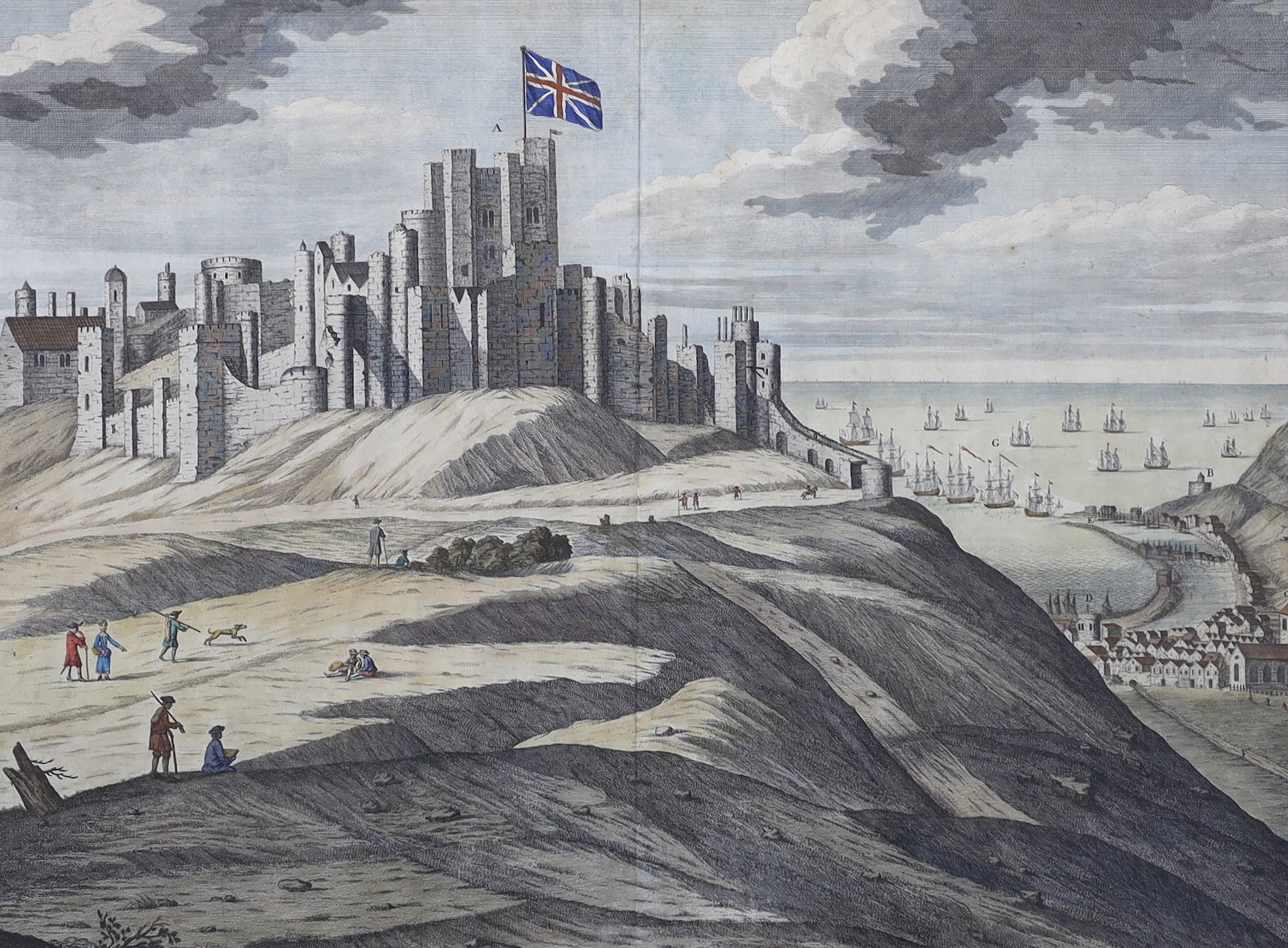 After Isaac Sailmaker (1633-1721), coloured engraving, Dover Castle, printed and sold by H. Overton, 50 x 62cm